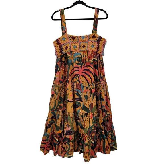 Farm Rio Anthropologie Dress Crochet Tiered Ruffle Midi Colorful Tiger Tropic L - Picture 7 of 16